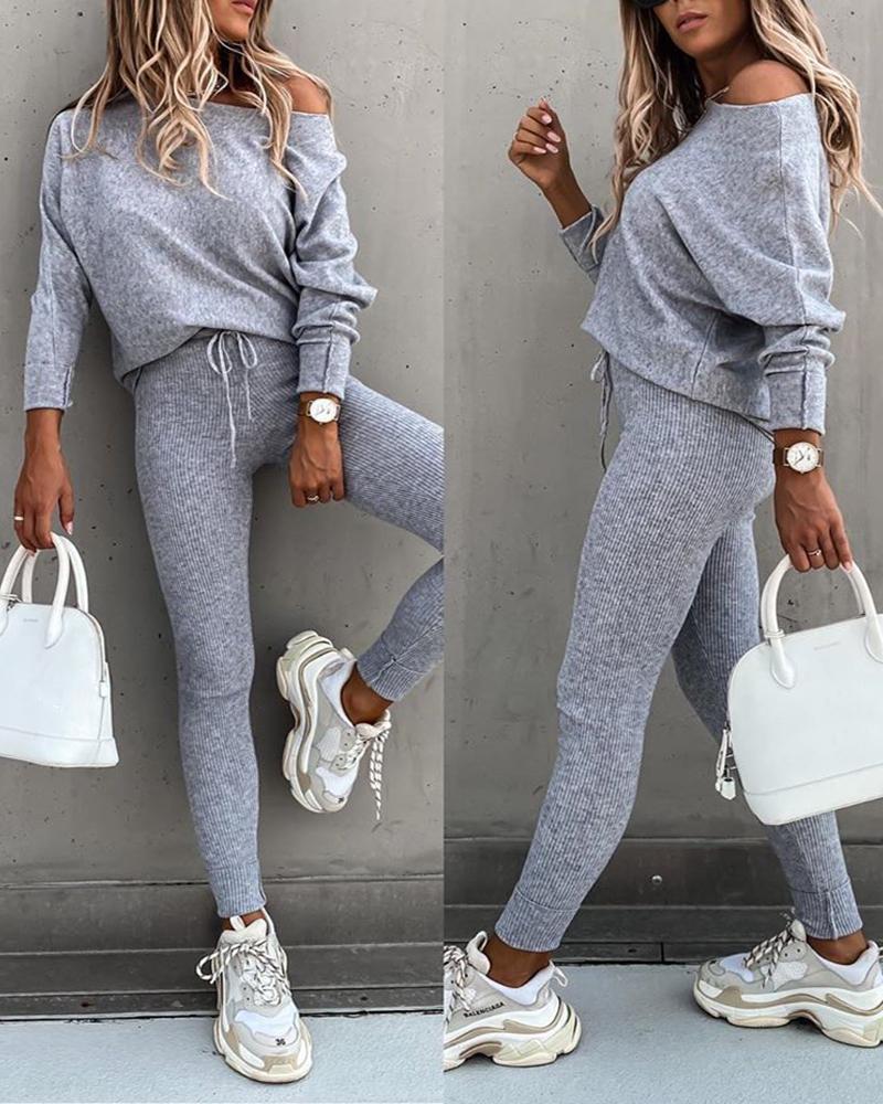 Two-Piece Knitted Casual Drawstring Skinny Pant Set