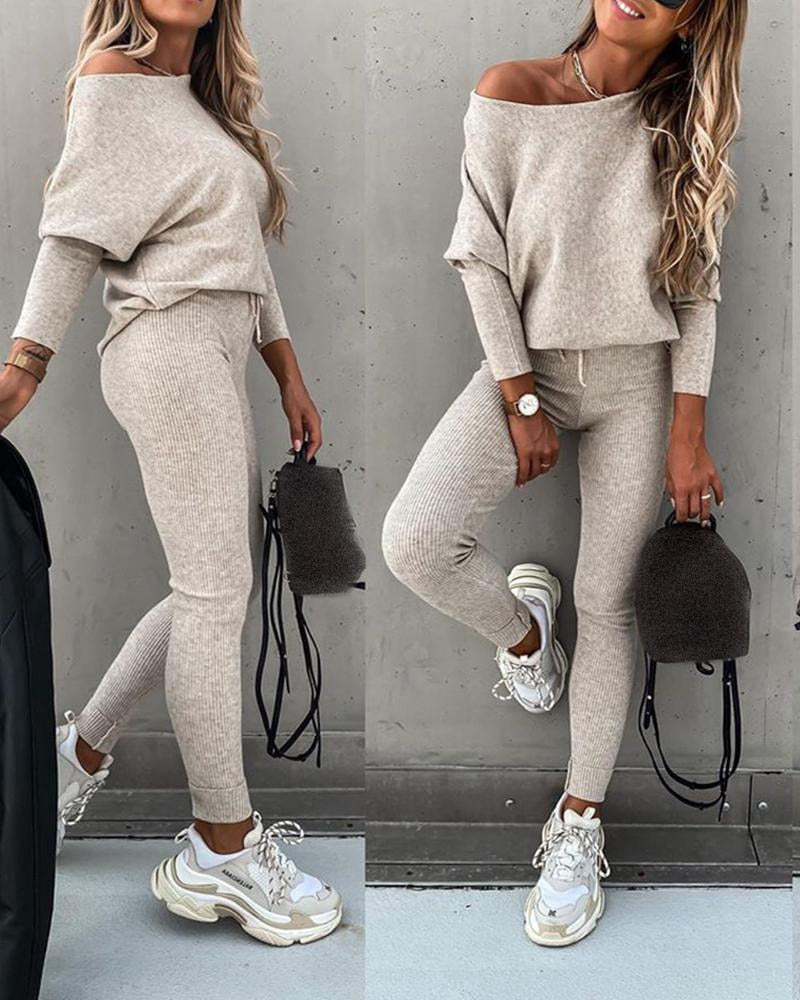 Two-Piece Knitted Casual Drawstring Skinny Pant Set