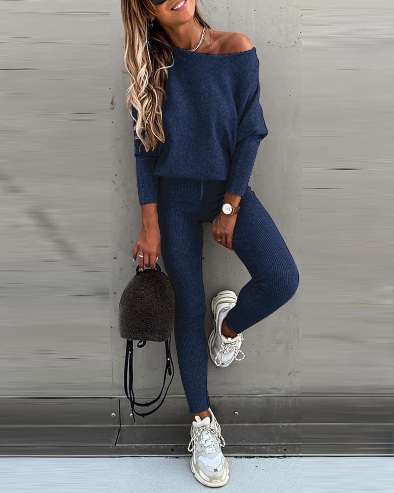 Two-Piece Knitted Casual Drawstring Skinny Pant Set